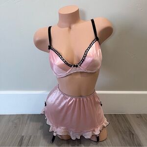 NWT Victoria's Secret y2k vintage Peach black Bra garter thong Skirt Set Sz36C L